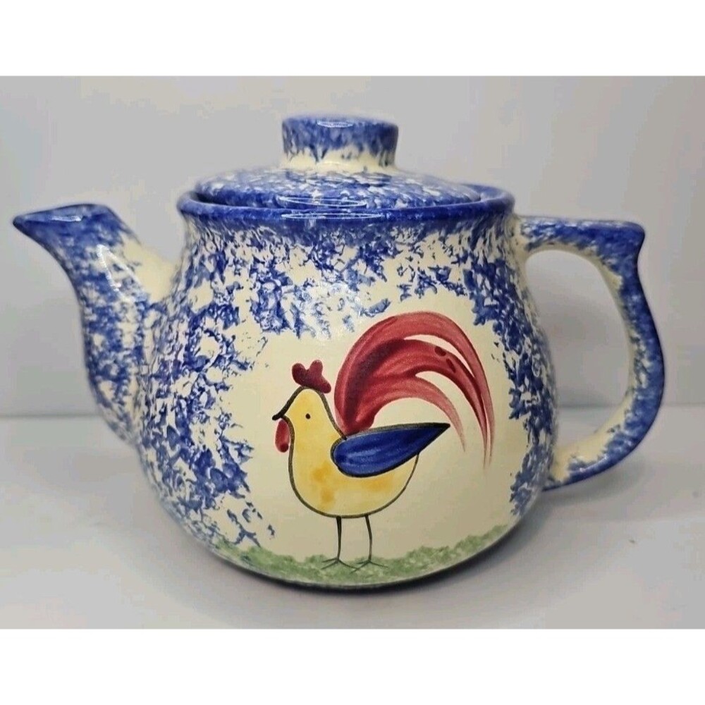Vintage Teapot With Roosters Blue Splatter 90's Hand Painted Retro
